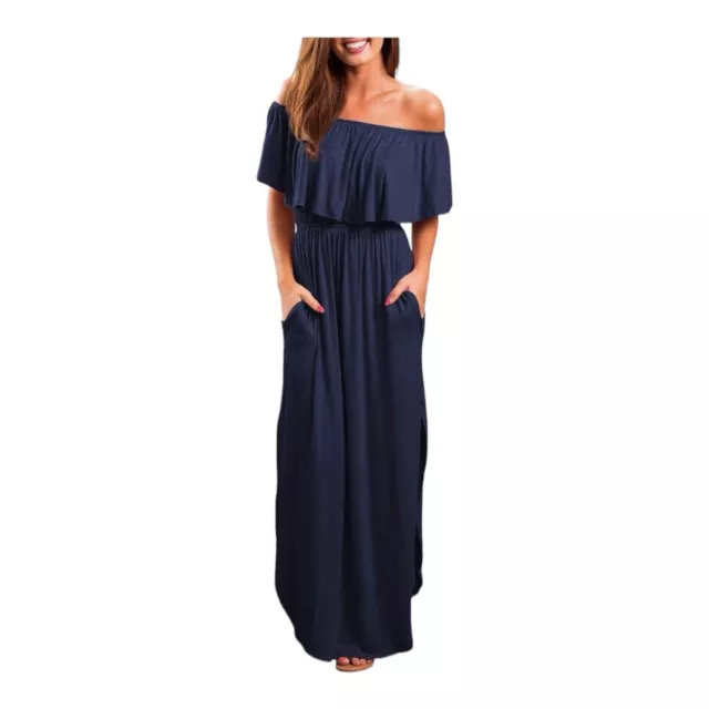 Oyanus Women's Navy Off Shoulder Ruffle Pockets Side Slit Maxi Dress Size M