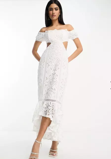 Bnwt Stunning Asos Wedding/Prom Bardot Cut Out Lace Maxi Dress Size 10 Rrp £95