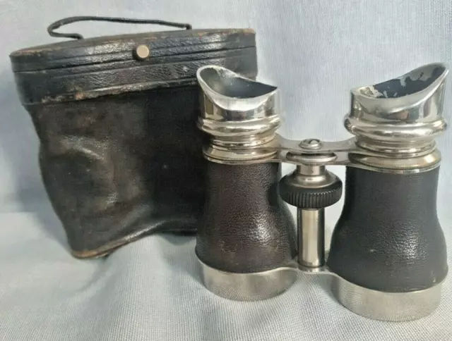 Antique Vintage Leather Cased Pair Binoculars Improved Military Gwo