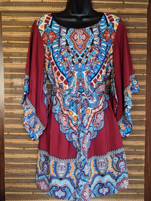 Anthropologie Ark Co Womens S Red Blue Medallion Knit Short Kimono Dress Belted 3
