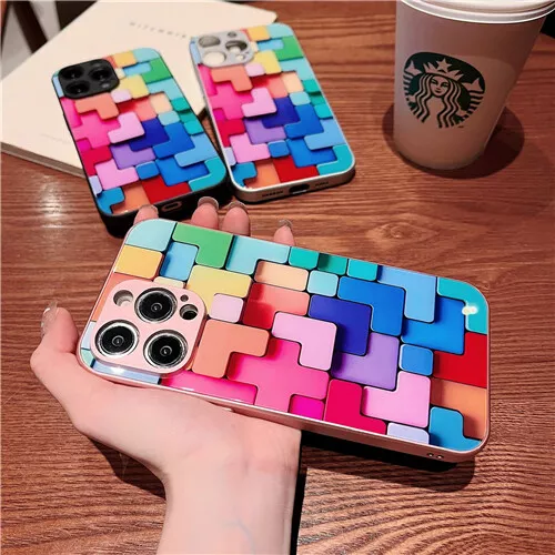 New Flat 3D Square Pattern Glass Case Cover for iPhone 11 12 13 14 15 Pro Max XS