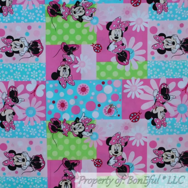 BonEful FABRIC FQ Cotton Quilt Pink White Disney Minnie Mouse Flower Girl Block