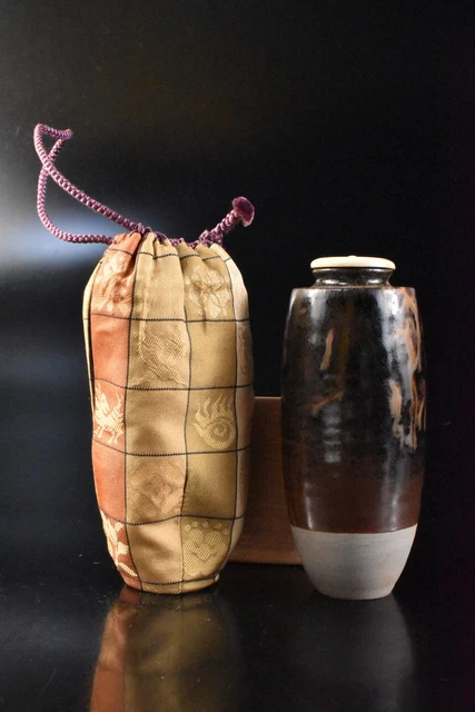 M2934: Japanese Zeze-ware Brown glaze TEA CADDY w/High class lid, Shifuku