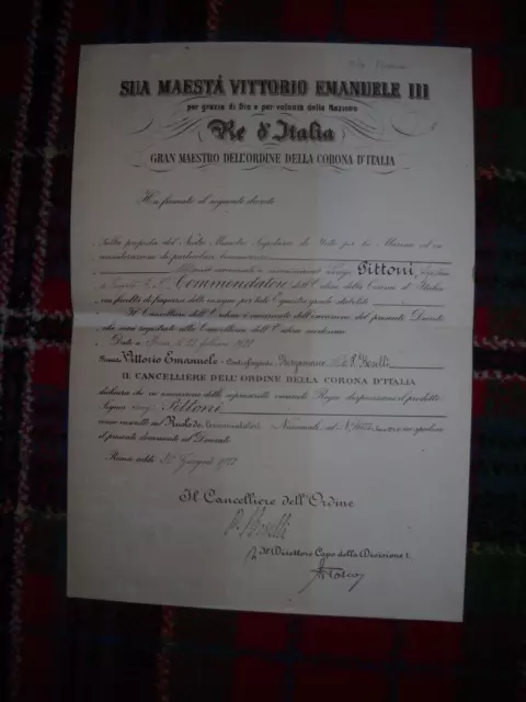 Decreto Del Re  D'italia Del 1922 Nomina A Commendatore Dell'ordine Della Corona