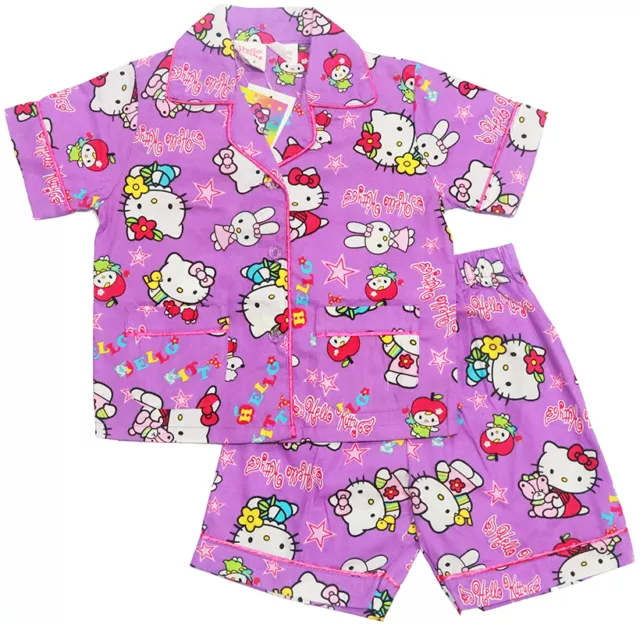 New Sz 2-8 Kids Summer Girls Pyjamas Button Hello Kitty Sleepwear Nightie Pj Tee