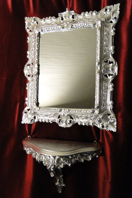 Set Mural 2 Pièces : Miroir Et Console Baroque Antique Rouge, Dimensions 44x38 Cm, Fabrication Italienne