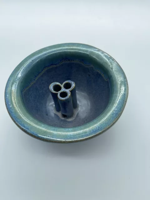 SMP Smokey Mountain Pottery Flower Frog Bowl Blue Green Colorful Drip Glaze 6” W