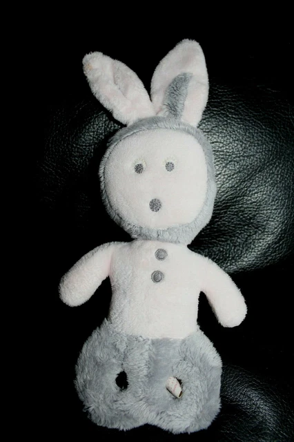 Doudou hochet lapin rose et gris OBAIBI okaidi brodé bouton grelot 24 cm