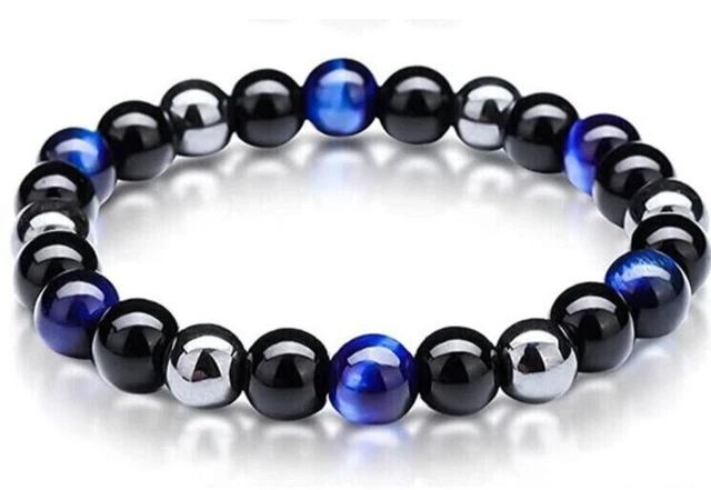 Bracelet Fait Main En Onyx Et Oeil De Tigre Bleu (Œil De Faucon) - Perles 8mm, Taille Sur Mesure, élastique