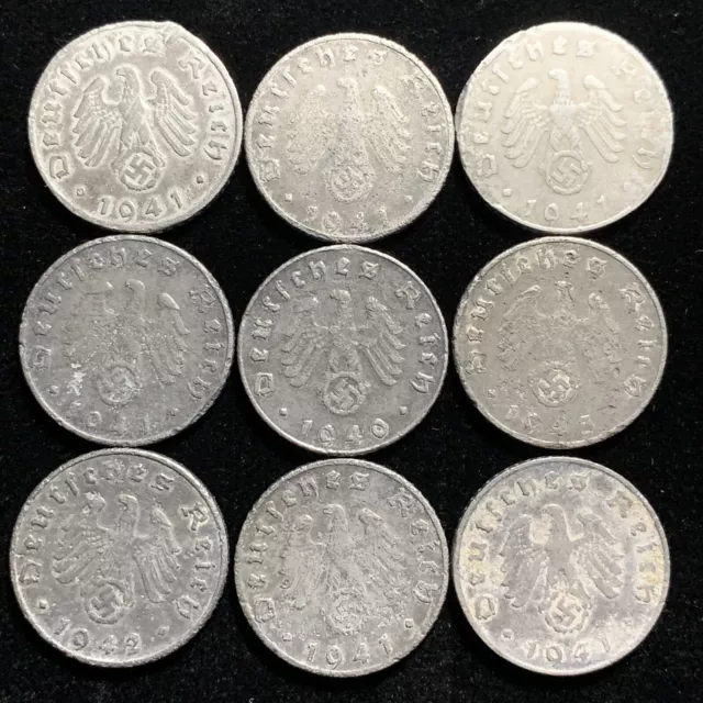 9 Coin Cull Lot Third Reich WW2 German 5 Reichspfennig Zinc Coins