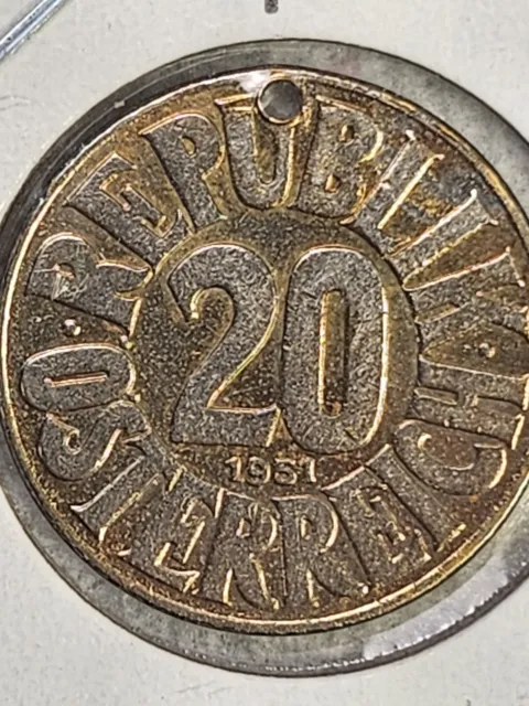 1951 Austria 20 Groschen Coin Holed