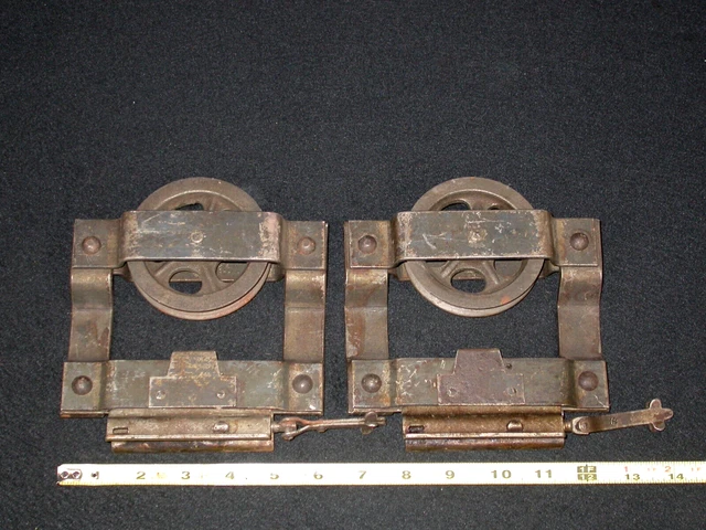 Pair Antique Vintage Barn Door Line Pulleys 3 3/8” Wheel Farm Tool - Lot of 2 6