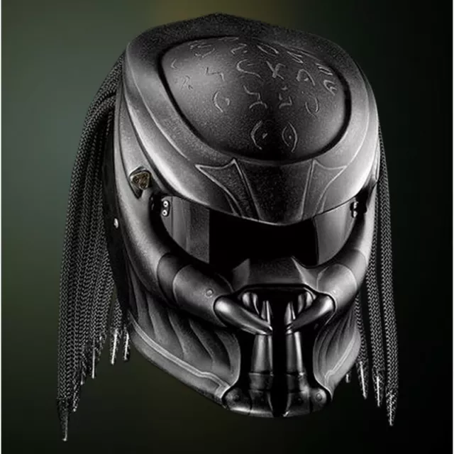  Casque Moto Predator,Casque Intégral Personnalité Fibre Carbone  Bluetooth avec Tresse Cheveux et Lumière LED,pour L'équitation Plein air Ou  Soirées Club et Accessoire Cosplay,D-XXL=63~64CM