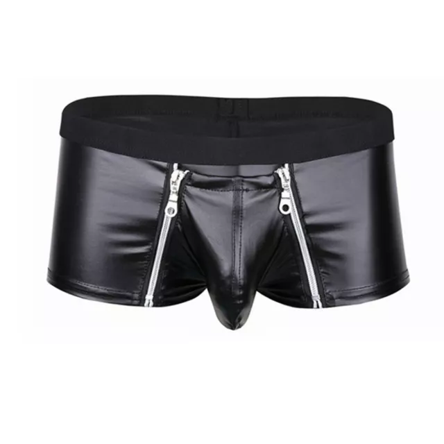 Mens Boxer Shorts Wet Look Leather Trunks Zipper Pouch Bikini Underwear Clubwear