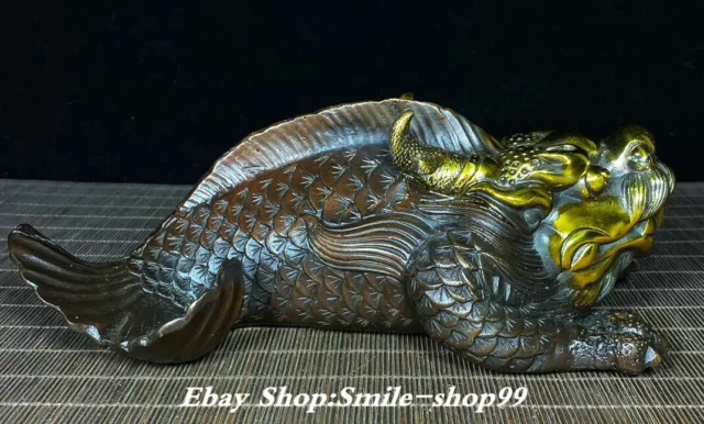 10" China Dynasty Pure Bronze Gild Fengshui Dragon Fish Beast Animal Statue