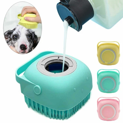 Pet Dog Cat Massage Bath Brush Scrubber Shampoo Silicone Dispenser Shower Soft.
