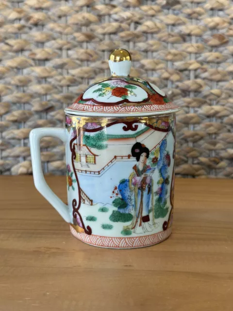 Vintage Chinese Porcelain Geisha Flower Garden Large Mug With Lid