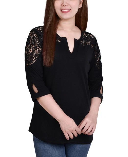MSRP $36 Womens 3/4 Sleeve Knit Gauze Top Black Size Small