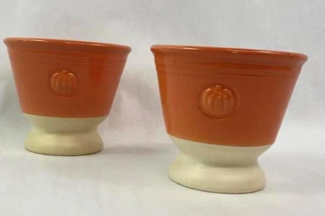 2 FTD Ceramic Halloween Or Fall Embossed Pumpkin Planters Orange And Cream