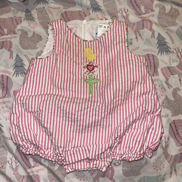 Florence Eiseman Romper Bubble Pink White Stripe with Ruffles  6M