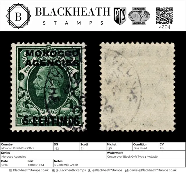 4204: Morocco, British Post Office SG153 5 Centimos Green. 1936. Sc#71 Mi136 Fin