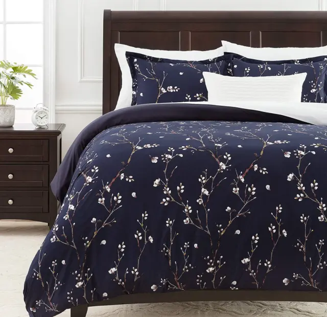 Chanasya Indigo Navy Cherry Blossom Duvet Comforter Cover Bedding Set King Size