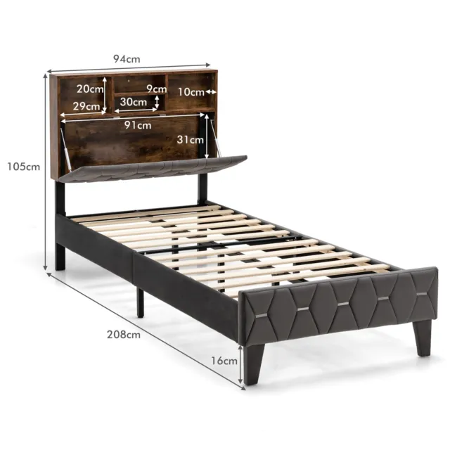 Single Size Bed Frame Upholstered Platform Bed Slat Support W/ Storage Headboard 2