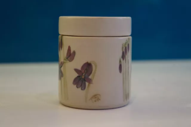 A  Small Cylinder Lidded Trinket Pot By Joy & Jan Pitcher, Hand Painted flowers