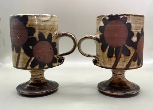 Vintage Briglin Pottery Studio  Pedestal Mugs Floral (Possibly Sunflower) Design 2