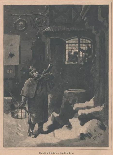 Nachtwächter "Nachtwächters Silvester" Original Holzstich von 1889