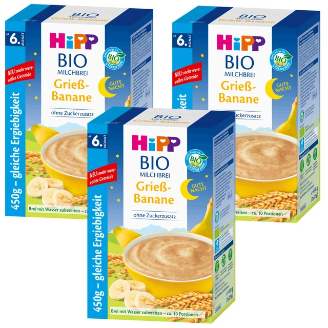 3x 450g HiPP Bio Papilla Lacteada Buenas Noches Sémola Banana Desde 6. Mese Sin