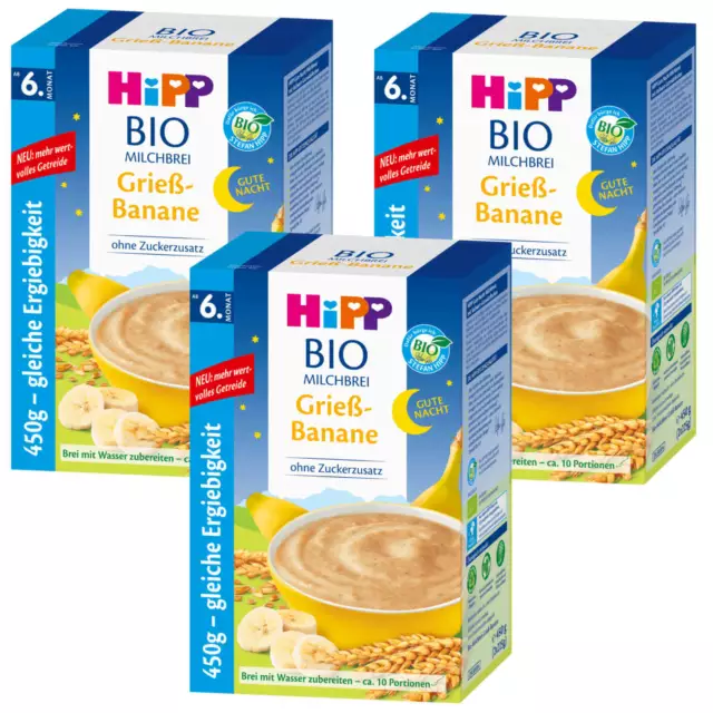 3x 450g Hipp Bio Papilla de Leche Buenas Noches Grieta Plátano a partir de 6. Mes sin azúcares añadidos