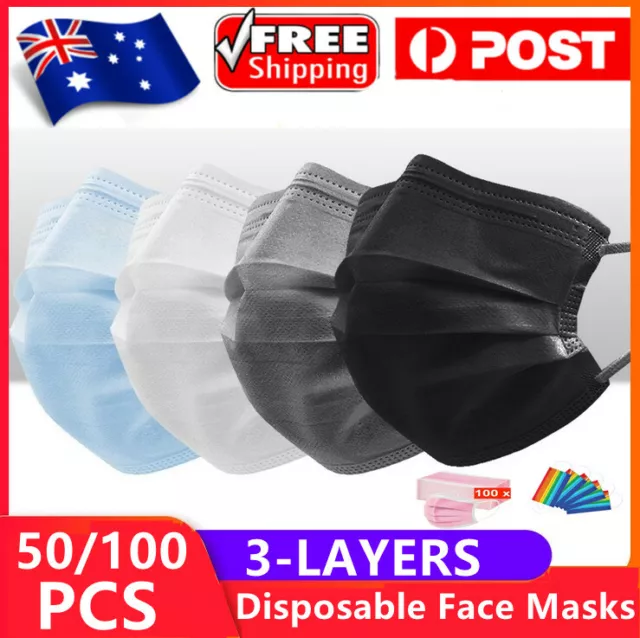 50/100x Face Mask Disposable Black Surgical Mouth Masks Certified 3layer J