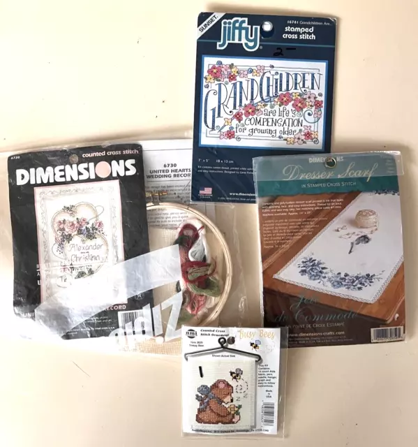 Lot of 6 Small Counted or Stamped Cross Stitch and Needlepoint Kits  Unopened Com