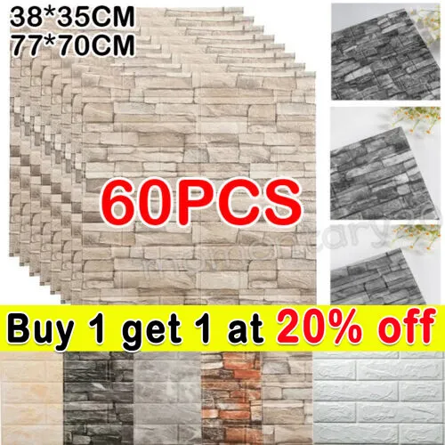 60PCS Stick On Tile Self Adhesive Kitchen Bathroom 3D Wall Sticker Tiles Decor -