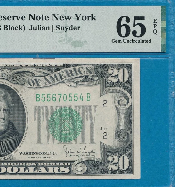 $20. 1934-C  New York Green Seal  Federal Reserve Note  Beautiful Pmg Gem 65Epq