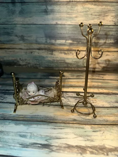 vintage brass dollhouse miniatures Bassinet Baby Coat  Tree