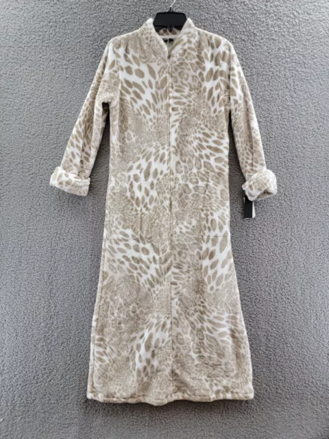 Natori Animal Print Plush Faux Fur Zip Caftan Women's XS Sand Taupe Long Sleeve