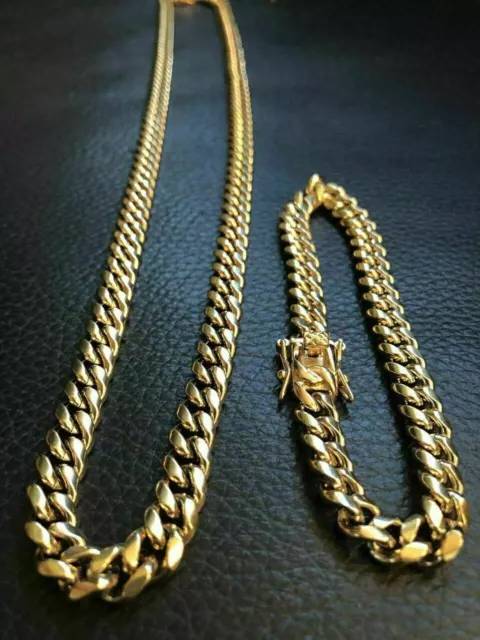 8mm Mens Cuban Miami Link Bracelet & Chain Set 14k Gold Plated Stainless Steel