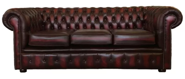 Antique Oxblood Red Chesterfield 100% Genuine Leather Three Seater Sofa