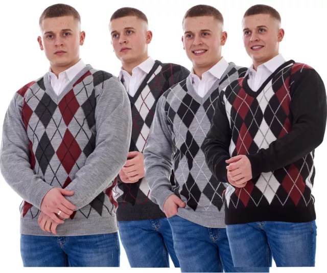 Herren Argyle Jumpers V-Ausschnitt klassisch gestrickter Langarm Tank Top Pullover