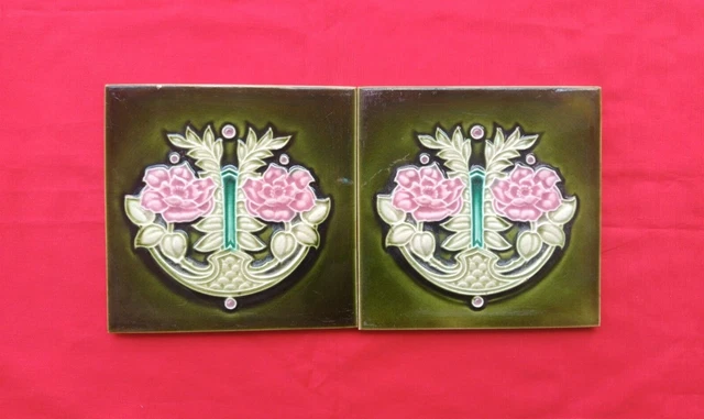 2 Piece Old Art Floral Design Majolica Ceramic Tiles England 0129