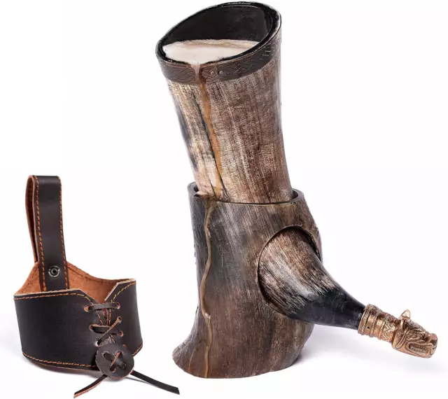 Norse Tradesman Genuine Ox-Horn Viking Drinking Horn with Brown Leather Holster,
