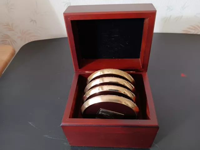 Solid Brass And Leather Coasters In Teak or Mahogany Wood Box (3 3/4" diameter)