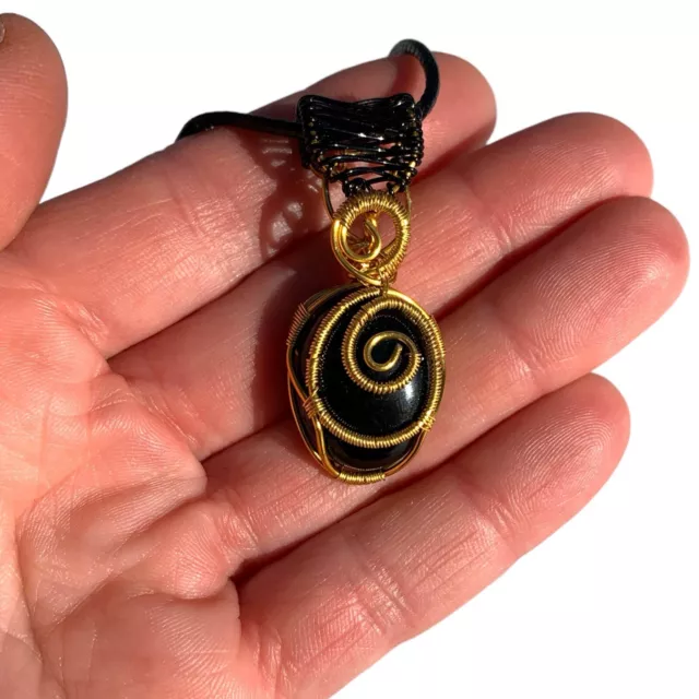 Gorgeous Gold Plated Silver Sacred Spiral Oval Natural Black Onyx Stone Pendant