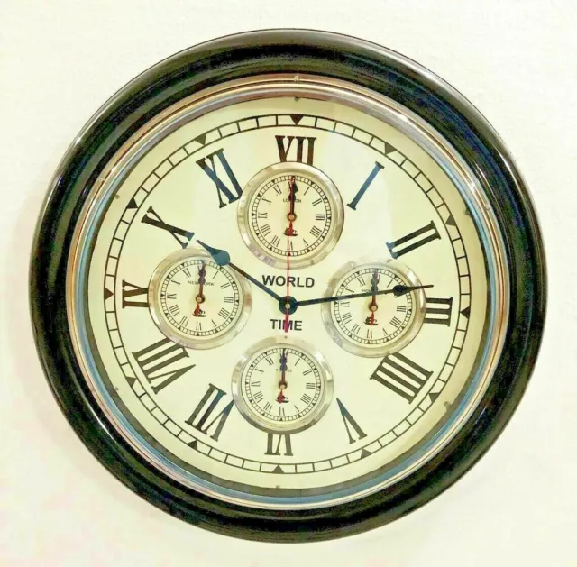 Black Wooden Clock World Time Clock Vintage Style Brass Wall Decor Nautical item