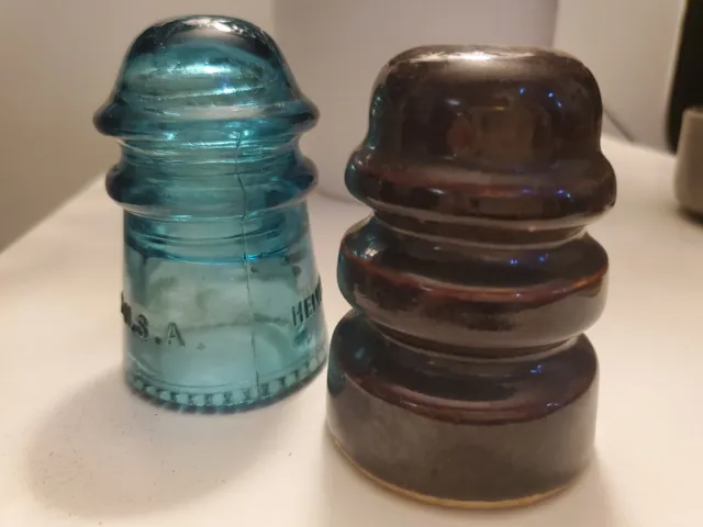 2 pc. Vintage Power Line Electrical Insulators Aqua Blue Glass & Porcelain Brown