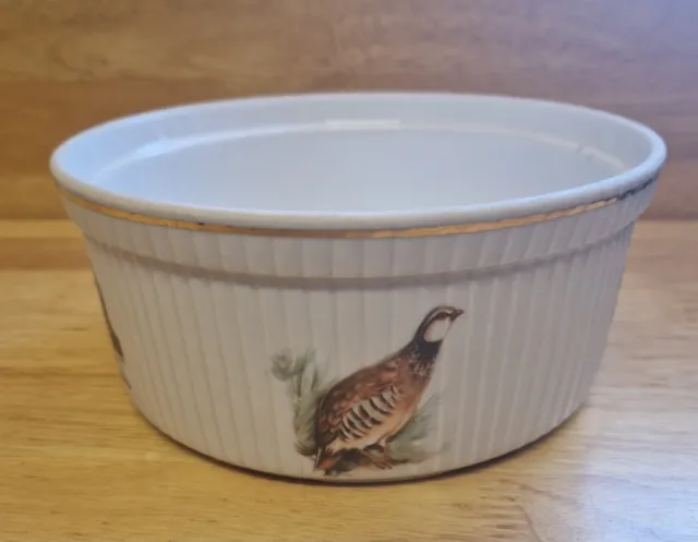 Apilco France Vintage Porcelain Souffle Dish With With Game Birds & Hare on side 2