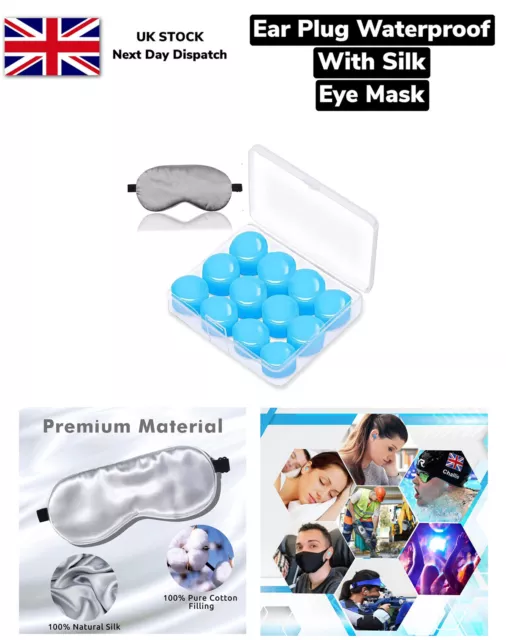 Ear Plug Silicone Reusable, Pack of 12, Waterproof Noise Silk Eye Mask