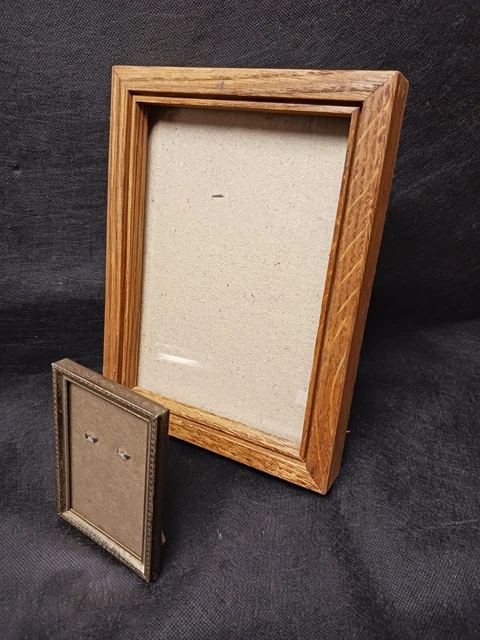 Lot 2 Picture Frames 6x8 Oak Wood Wall Mount & Metal Gold Tone Easel 2.5x3.5